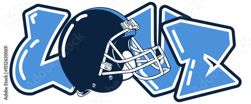 LOVE lettering featuring a football player helmet as the “O”, in sky blue and navy blue tones. A bold, urban style perfect for sports-inspired street art and graffiti.