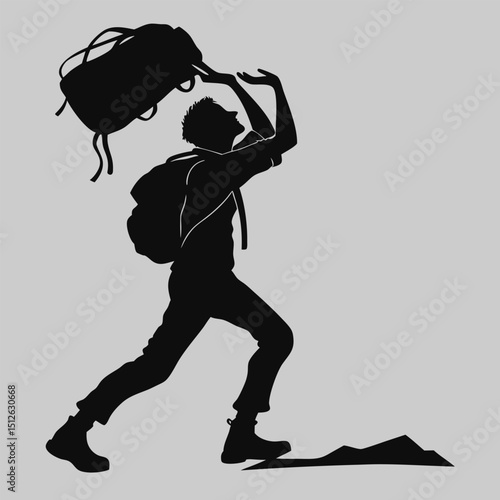 a traveler lifting a backpack silhouette vector design art and illustration
