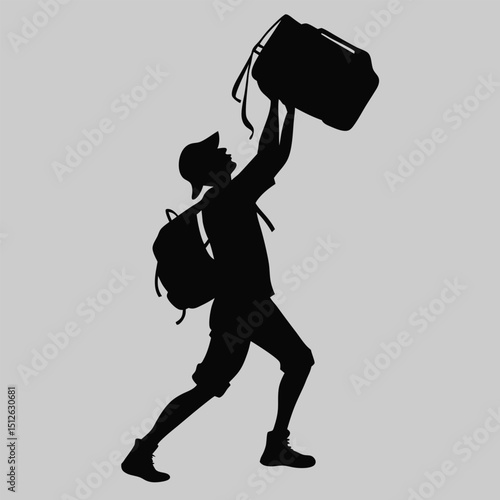 a traveler lifting a backpack silhouette vector design art and illustration
