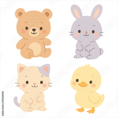 Wallpaper Mural Cute Cartoon Animals Teddy Bear, Bunny, Kitten, and Duckling Torontodigital.ca