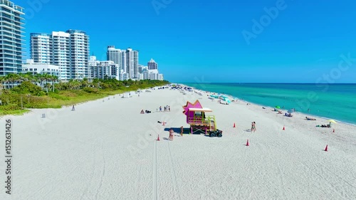 4K aerial video of Miami Beach and lifeguard tower