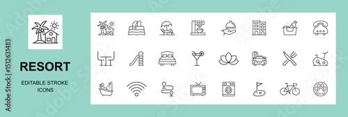 Resort icon set. Containing travel, tourism, hotel, beach, wellness, landscape, hotel service, vacation and more, Linear icon collection. Editable stroke. Vector illustration