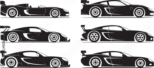 Six Black Silhouette Sports Cars Side View Illustrations