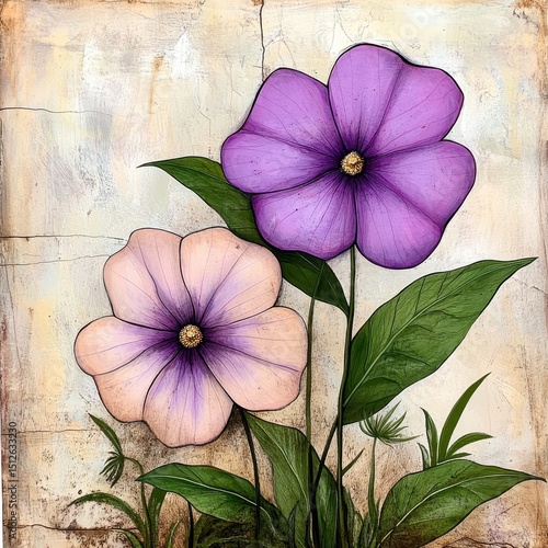 Pastel Purple and Peach Flowers on Textured Beige Background