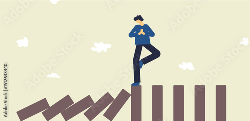 Man meditation domino effect stop, damage control with using peaceful strategy illustration
