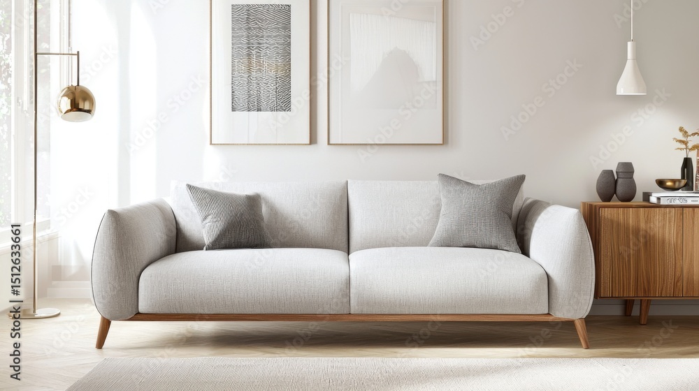 Contemporary scandi interior, light gray sofa, wall matched flush doors, long oak console, ambient indirect lighting, full calm layout Contemporary scandi interior, light gray sofa, wall matched flush doors, long oak console, ambient indirect lighting, full calm layout