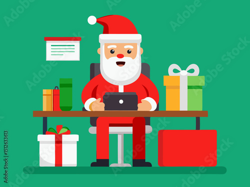 Santa Claus in red suit concentrating on online Christmas sale at decorated desk
