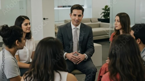 A professional in a suit leads a discussion with a diverse group of people in a meeting setting.