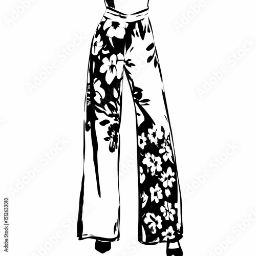 Floral patterned wide-leg pants in black and white design  