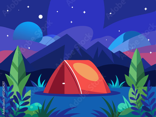 Cartoon style outdoor illustration of red tent against dark blue starry background