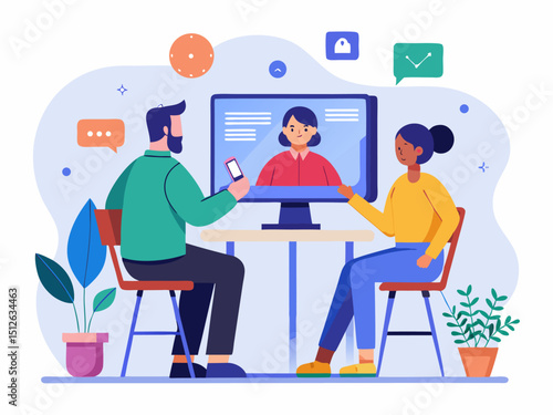 Business video conference flat line illustration showing woman interacting smartphone man on screen