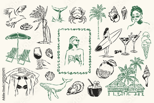 La Dolce Vita vector doodle collection. Coastal lifestyle. Mediterranean life. Italian summer doodles.