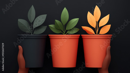 Hands holding three plants with vibrant leaves against a dark background, symbolizing growth, nurturing, and environmental awareness