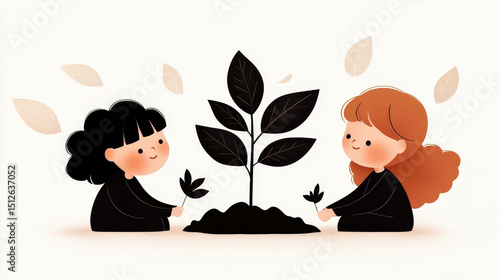 Two young children are planting flowers and cultivating a small plant, symbolizing environmental protection and care, with falling leaves adding a touch of autumn to the scene