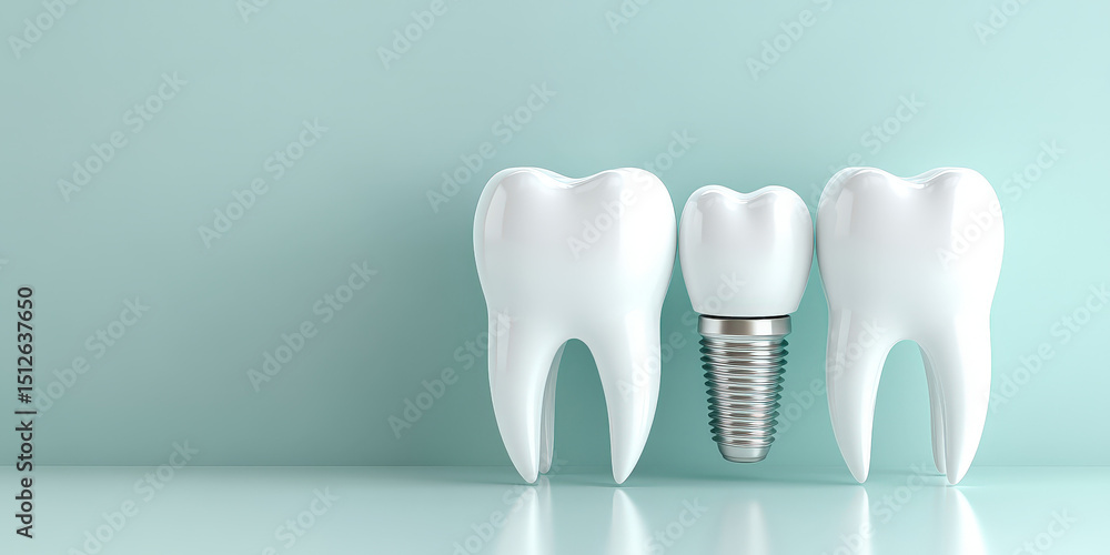 Two healthy teeth and a dental implant are standing on a light green surface with a matching background, symbolizing oral health and dental restoration solutions Two healthy teeth and a dental implant are standing on a light green surface with a matching background, symbolizing oral health and dental restoration solutions