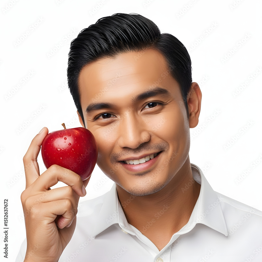 Man holding red apple close to face wearing white shirt smiling front Man holding red apple close to face wearing white shirt smiling front