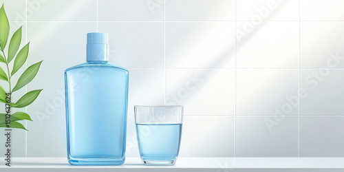 Blue mouthwash bottle and a glass full of mouthwash sit on a bathroom shelf with green leaves and a white tiled wall in the background, promoting oral hygiene and a refreshing start to the day