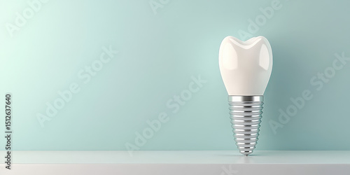 White and shiny dental implant with its metallic screw standing on a white surface, in front of a light green background, representing dental care and implantology solutions