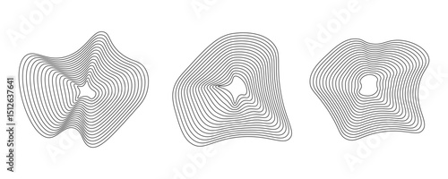 Three abstract topographic line shapes with wavy contours forming irregular star-like and organic patterns. Vector graphic elements for design and print. Abstract shape concept
