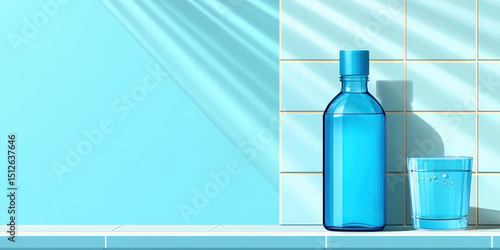 Mouthwash bottle and glass sitting on bathroom shelf with light blue tiles, creating a refreshing and clean image with bright light streaming in
