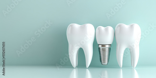 Two healthy teeth and a dental implant are standing on a light green surface with a matching background, symbolizing oral health and dental restoration solutions