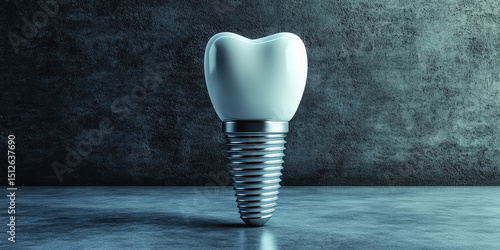 Photorealistic close-up of a white dental implant on a reflective surface against a dark, textured background, emphasizing its design and role in modern dentistry