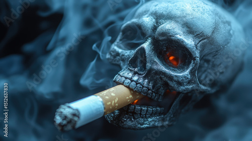 Skull with a glowing red eye is smoking a lit cigarette, enveloped in a dense cloud of smoke, creating a symbolic representation of the deadly consequences of smoking