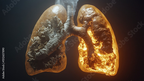 Smoke is coming out from a pair of damaged human lungs, creating a realistic 3d illustration of the effects of smoking on respiratory health