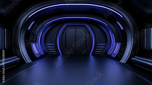 Futuristic corridor with sleek metallic walls, glowing neon lights, and a large closed door at the end creates a mysterious and intriguing atmosphere