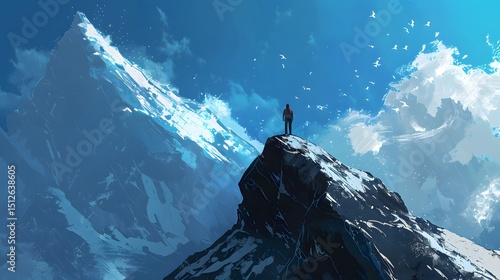 Man standing mountain peak summit sunrise silhouette adventure hiking landscape success motivation freedom outdoors nature travel

