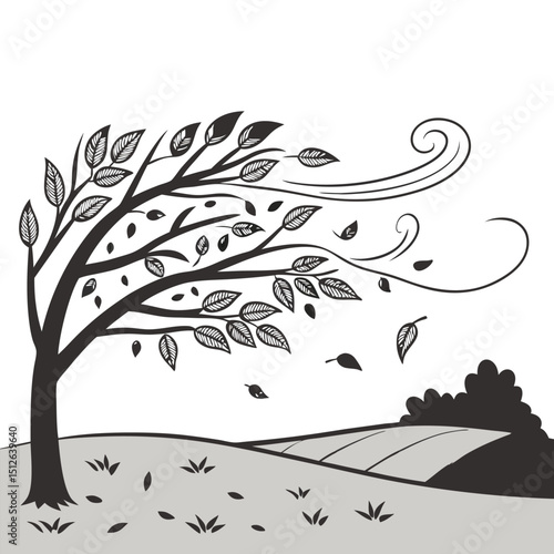 A vector background of  flat windy scene leaves blowing gust swirls