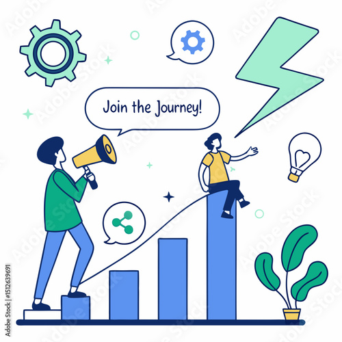 Man with megaphone invites to join journey on rising graph with lightning