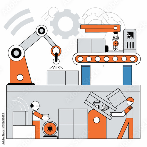 Automated factory floor with robotic arm conveyor belt and workers below