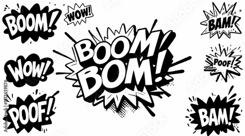 Vector comic explosion element set with boom pow wow doodle illustration