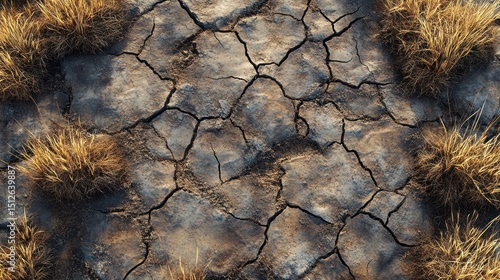 A close-up view of parched, fissured ground, with distinct lines and deep crevices, amidst sparse patches of withered grass in the scorching sun.