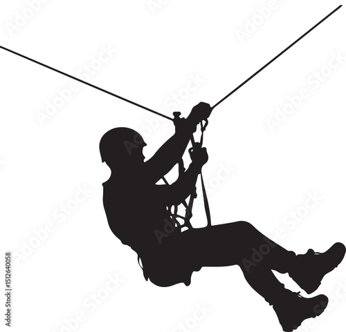 Man Ziplining Silhouette Vector Illustration on Transparent Background