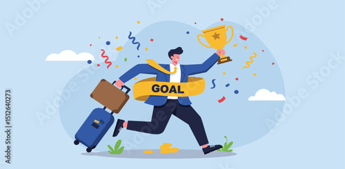 Success winning businessman, achievement, succeed performance or business victory, career success, goal or target accomplishment concept, success businessman running reach finish line with