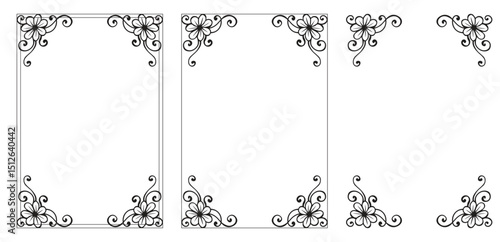 Corner frame, Black art deco frames. Art deco decorative linear frames. Vintage card botanical border. Ornament element. Elegant luxury patterned fringing