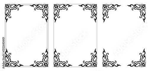 Corner frame, Black art deco frames. Art deco decorative linear frames. Vintage card botanical border. Ornament element