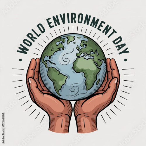 World Environment Day  Earth in hands in retro style. Two palms hold the globe. Environment concept. Vintage hand drawn sketch . isolated on white background, Vector illustration.
