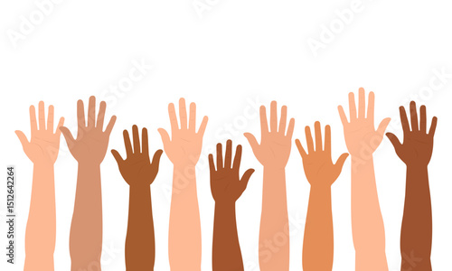 Diverse, Multi-Ethnic Human Hands Raised Up Isolated on White Background. Vector Illustration