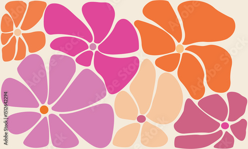 Cartoon Flowers Pattern, Pink, Violet, Orange Doodle Flowers. Vector Illustration