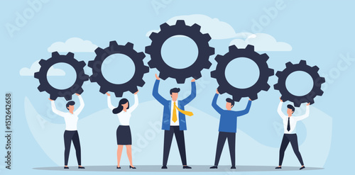 Employee engagement, teamwork collaboration or team strategy working together, partnership, community to help organization success concept, businessman colleagues help connect cogwheel gear