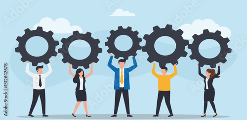 Employee engagement, teamwork collaboration or team strategy working together, partnership, community to help organization success concept, businessman colleagues help connect cogwheel gear
