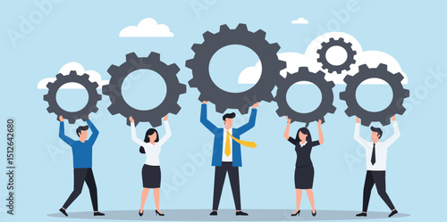 Employee engagement, teamwork collaboration or team strategy working together, partnership, community to help organization success concept, businessman colleagues help connect cogwheel gear