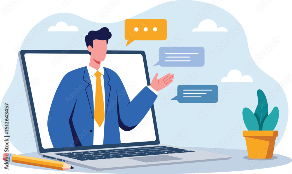 Online video interview, meeting discussion or teaching e-learning, job interview or employment, talk or chat with colleague, conference call, businessman talking on computer laptop online Online video interview, meeting discussion or teaching e-learning, job interview or employment, talk or chat with colleague, conference call, businessman talking on computer laptop online
