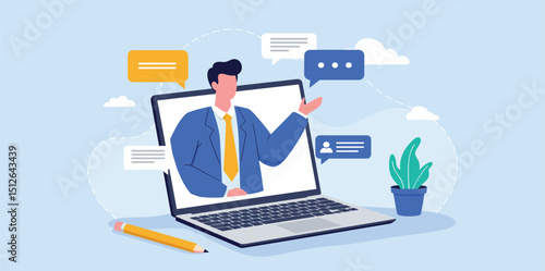 Online video interview, meeting discussion or teaching e-learning, job interview or employment, talk or chat with colleague, conference call, businessman talking on computer laptop online