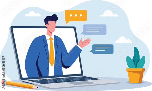 Online video interview, meeting discussion or teaching e-learning, job interview or employment, talk or chat with colleague, conference call, businessman talking on computer laptop online