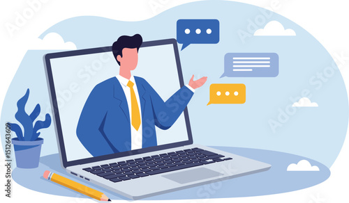 Online video interview, meeting discussion or teaching e-learning, job interview or employment, talk or chat with colleague, conference call, businessman talking on computer laptop online