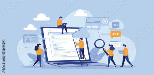 Software development, coding team, programming frontend backend framework, debugging algorithm, testing or deployment concept, young people software engineer working with online cloud